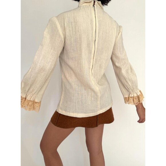 60s vintage beige boho ruffled lace jabot collar peasant sleeves linen blouse - Picture 3 of 9